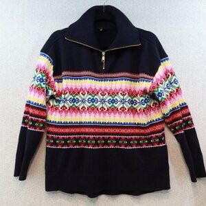 TALBOTS Half-Zip Fair Isle Wool-Blend Navy Sweater, Petite Large